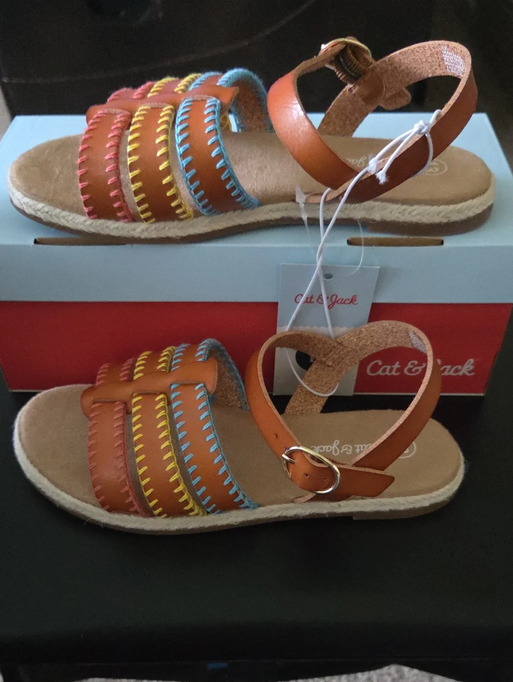 Cat & Jack Brown Girls' Strappy Sandals with Pink Yellow Blue Stitching
